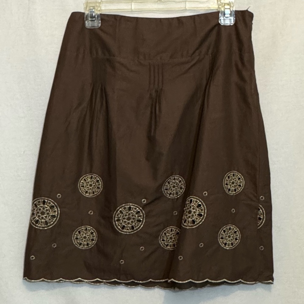 A-194 Loft Brown Embroidered & Beaded Lined Pleated Midi Skirt Size 4P‎